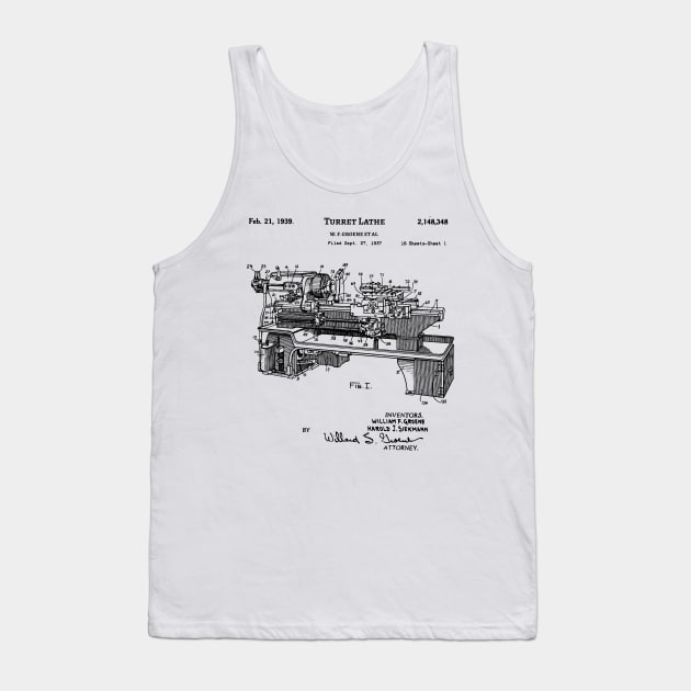 Lathe Patent 1939 Vintage Blueprint Machine Tool Inventions Tank Top by Anodyle